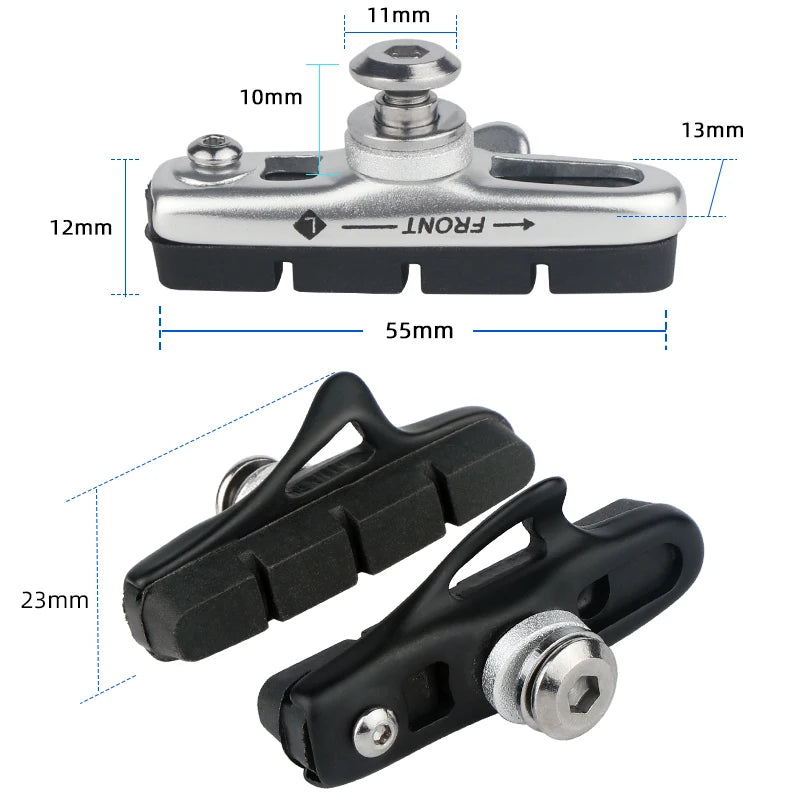 Road Bike Carbon Wheel Rim C/V-Brake Pads W/ 55mm Detachable Rubber Composite Inserts Low Noise All Weather Use Braking Blocks