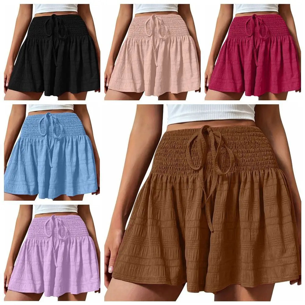 Solid Color Drawstring Women's Short Lace Up Loose Sports Shorts Skirt Summer Pleated Pajama Pants Summer