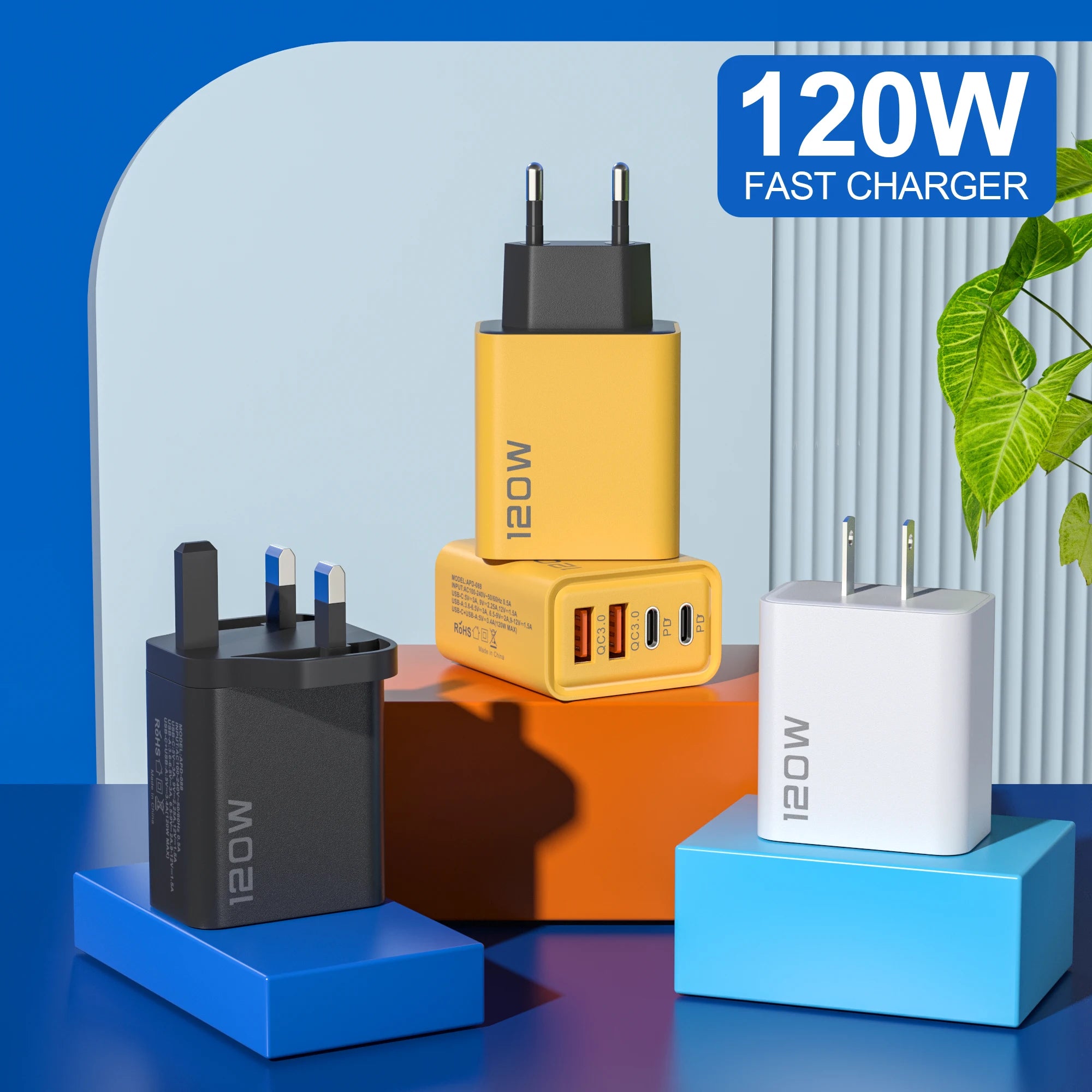 4 Ports 120W Charger USB C PD Quick Charge 3.0 Type C USB Phone Chargers Fast Charging Adapter For iPhone Samsung Xiaomi Huawei