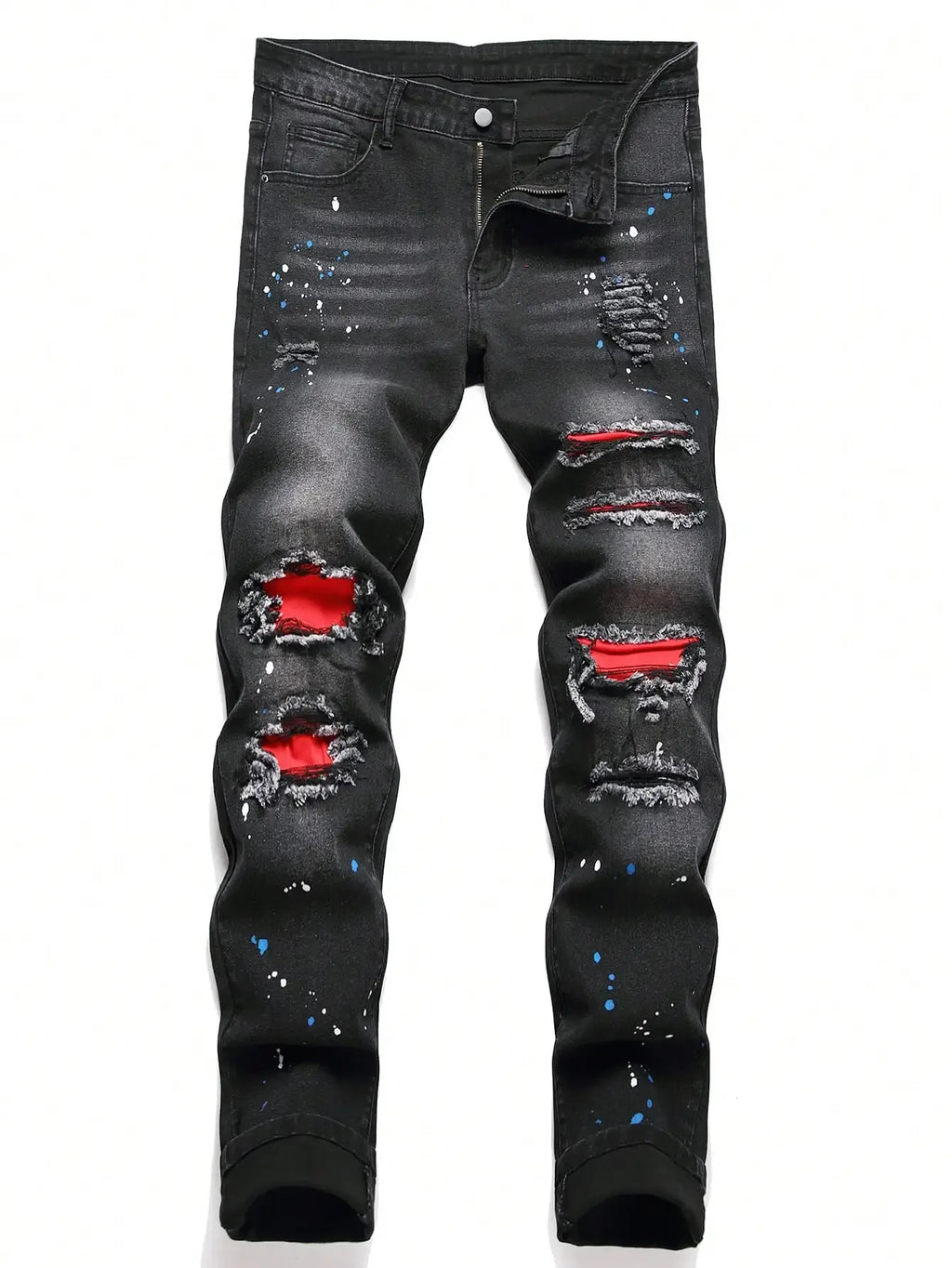 Men y2k Stretchy Skinny Denim Jeans For Men Casual pants Ripped Patchwork Hole Slim Fit Denim Hip Hop Black Straight Trousers