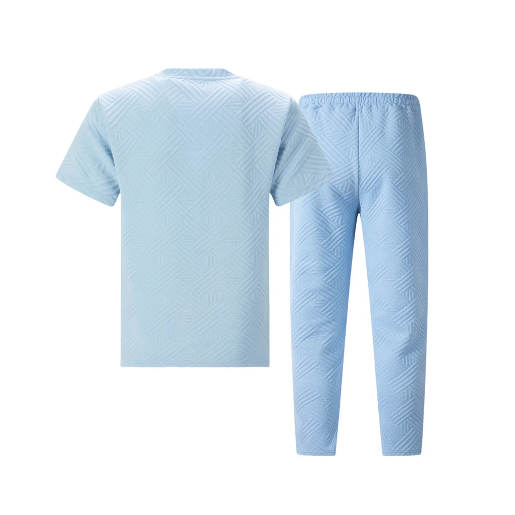 Men's Summer Jacquard Knit Two-Piece Set Casual Crew Neck T-Shirt and Pants Street Retro Solid Color Outfit