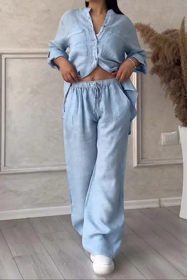 Spring Autumn Cotton Linen Long Sleeved shirt + Long Pants Two-piece Set Women Casual V-neck Shirt Drawstring Wide leg Pant Suit
