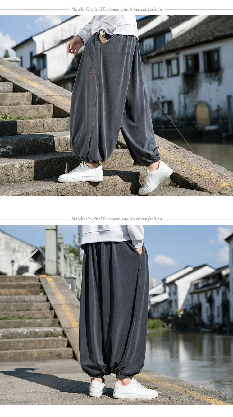2024 Autumn Winter Men Polar Fleece Pants Men Velvet Retro Harem Pants Male Solid Color Wide Leg Pants Harajuku Jogging Trousers