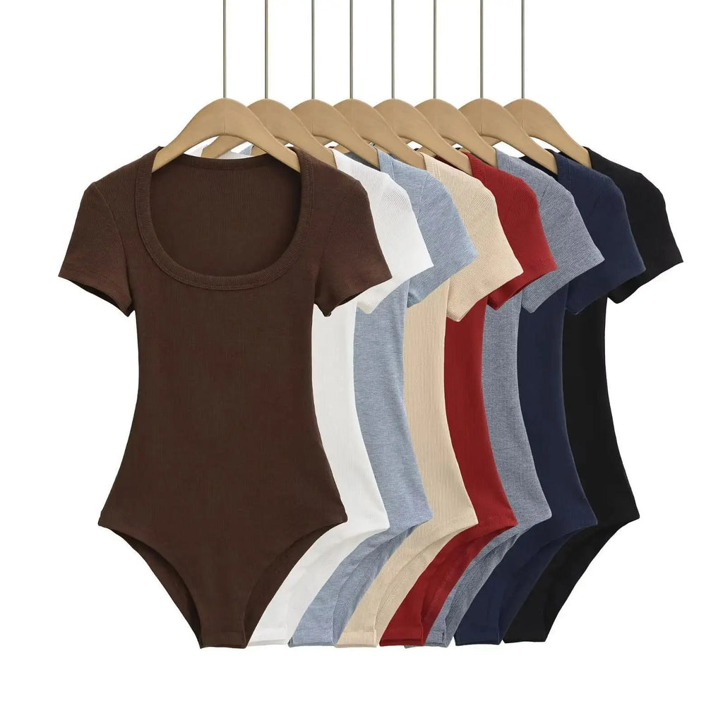 Women Short Sleeve Square Collar Bodysuits Summer Rib Knitted Elastic Slim Top Jumpsuits Solid Color