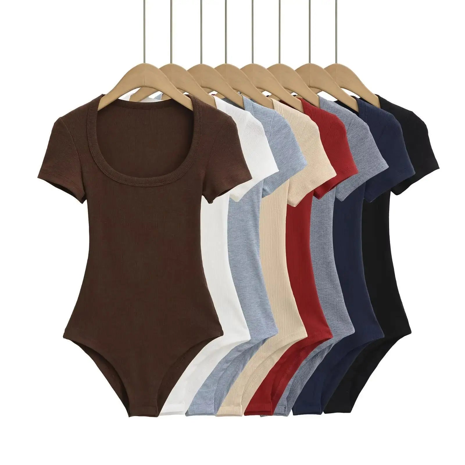 Women Short Sleeve Square Collar Bodysuits Summer Rib Knitted Elastic Slim Top Jumpsuits Solid Color