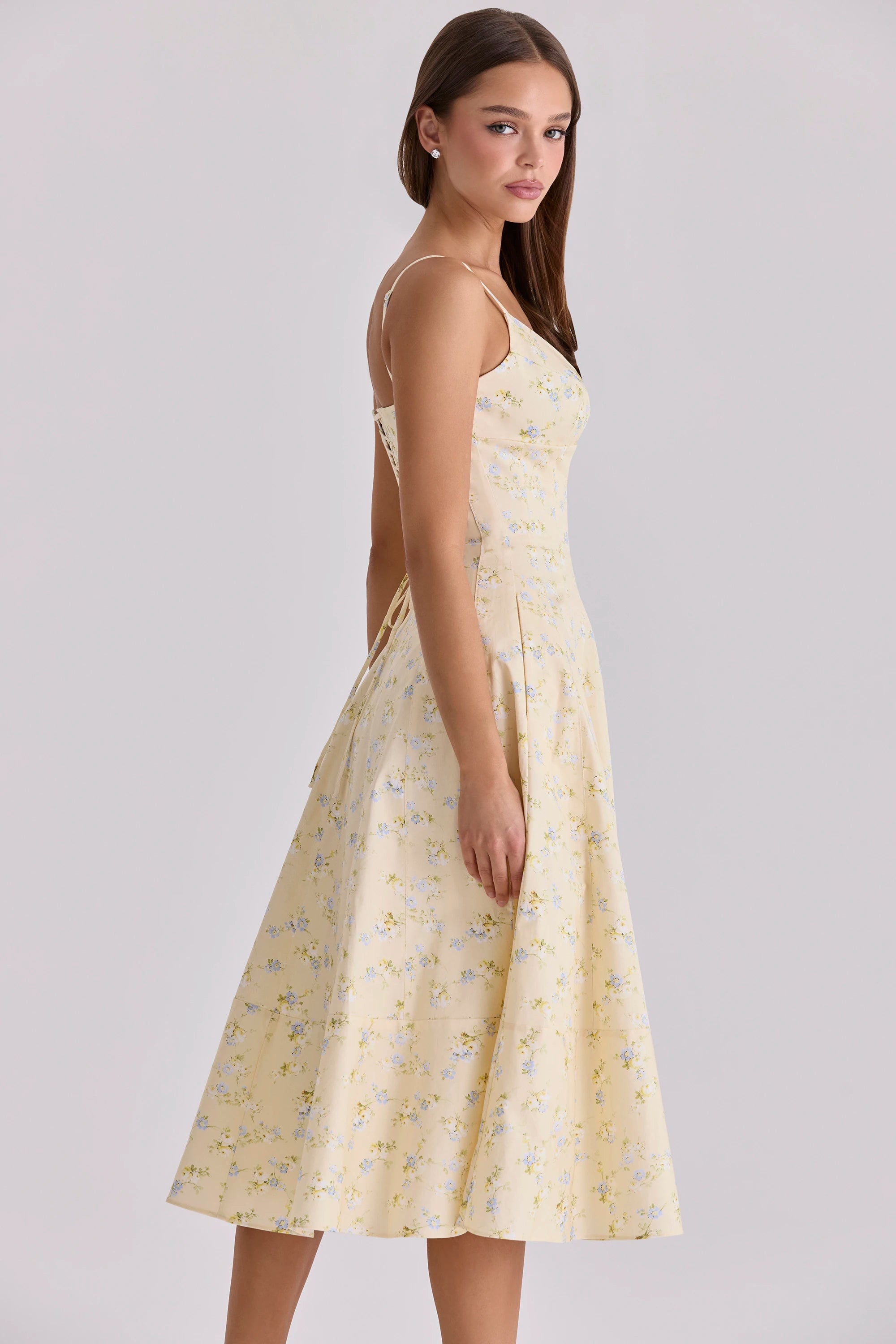 Oligai Summer Lace-up Midi Floral Print Dress Spaghetti Strap A-line Dress Sexy V-neck Casual Party Dress for Women