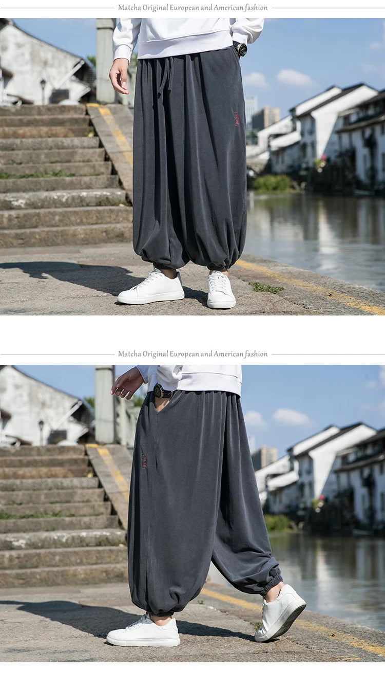 2024 Autumn Winter Men Polar Fleece Pants Men Velvet Retro Harem Pants Male Solid Color Wide Leg Pants Harajuku Jogging Trousers
