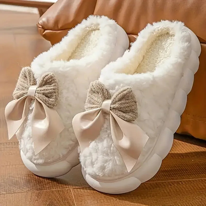 Women'S Bow Designed Fleece-Lined Slippers Soft Sole, Quiet Wear, All-Season Comfort, Ideal for Home Use, Perfect Christmas Gift