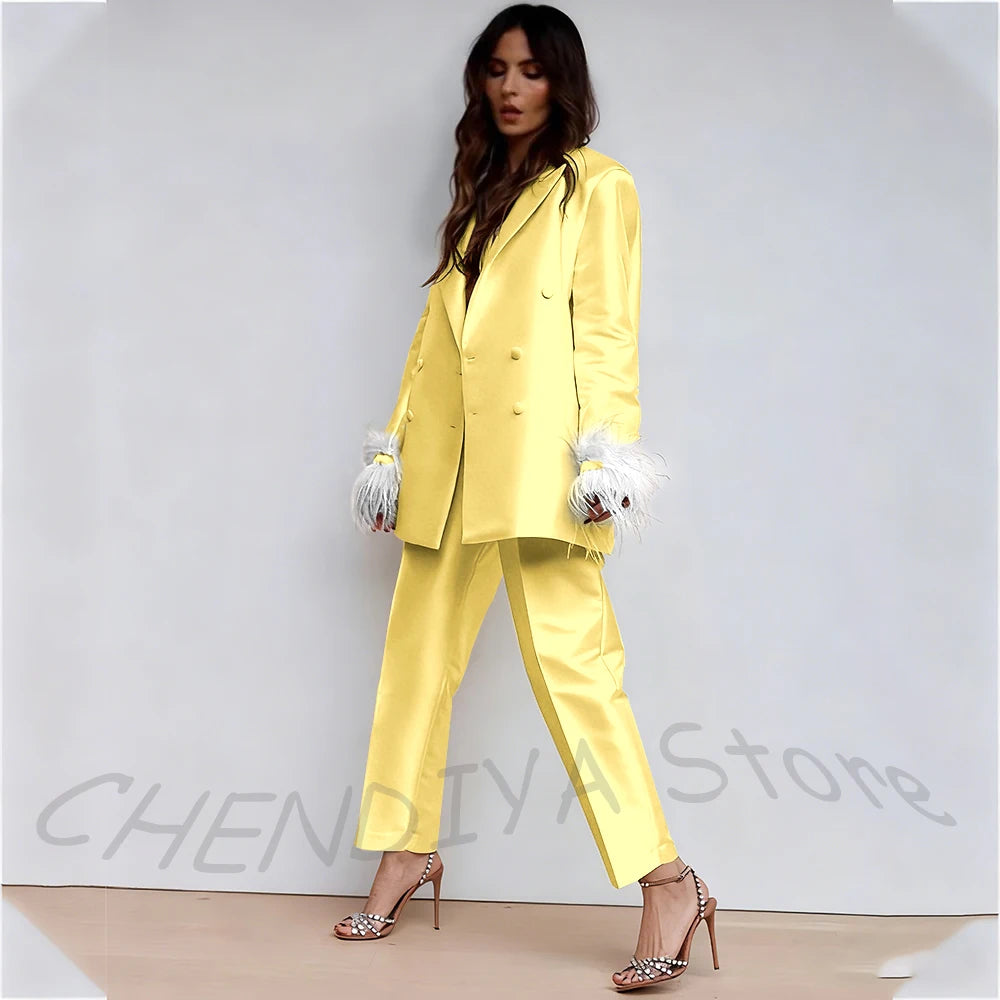 Luxury Feather Women's Suit Classic Design Double Breasted Ankle Length Elegant Outfit Two Pieces Formal Party Female Set
