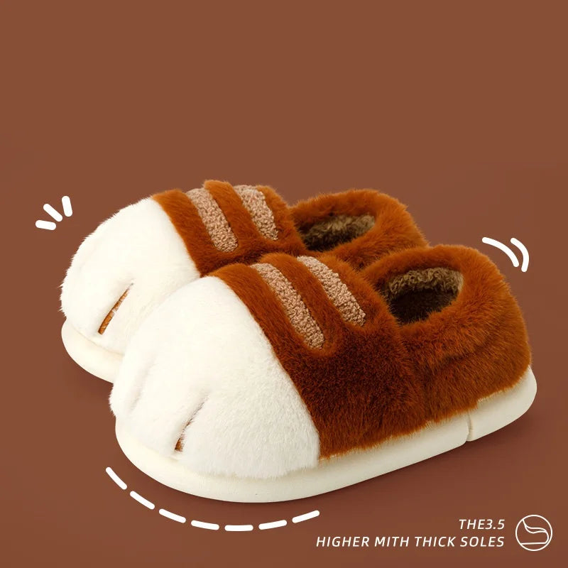 Newest cat paw feet slippers woman fluffy closed heel home shoes for women winter warm slip on animal claw slipper furry loafer