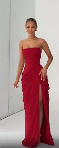 Women Sexy Solid Pleated Strapless Dress Lady Chic Off-shoulder Backless High Waist Split Dresses 2026 Summer Evening Party Gown