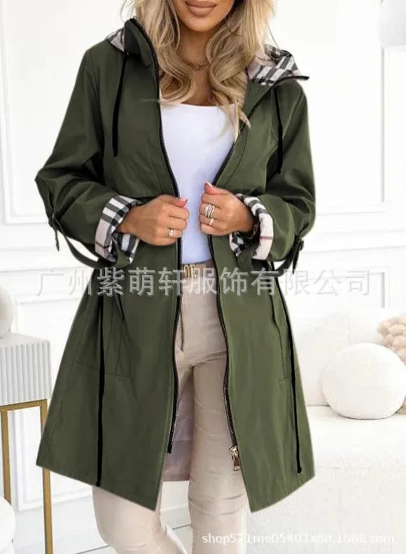 Fashion Trench Coat Woman Autumn Winter Solid Color Versatile Casual Street Style Cardigan Long-sleeved Hooded Plaid Outerwears