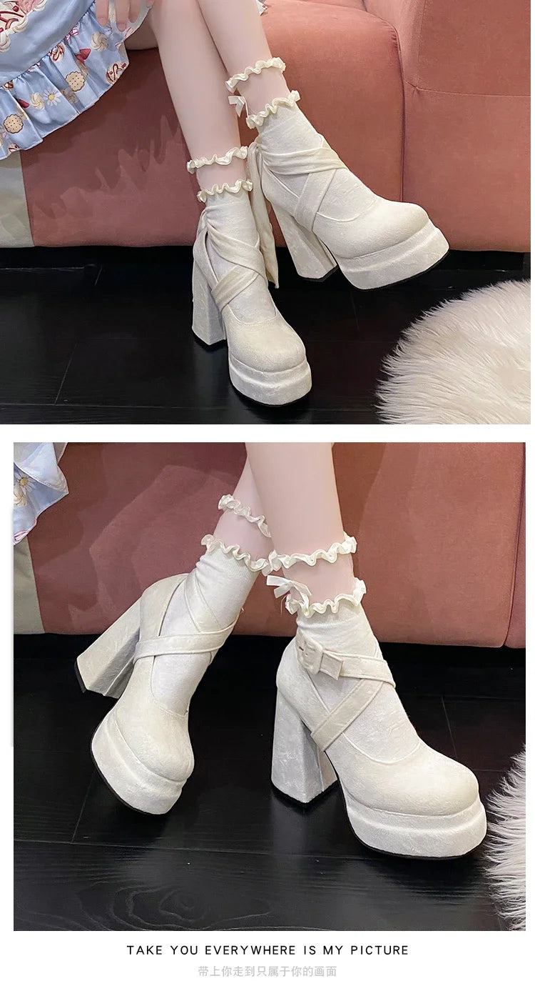 Platform Mary Janes Shoes Women Suede Luxury High Heel Lace Up Trend Lolita Shoes Elegant Chunky Party Pumps Sandalias Muje