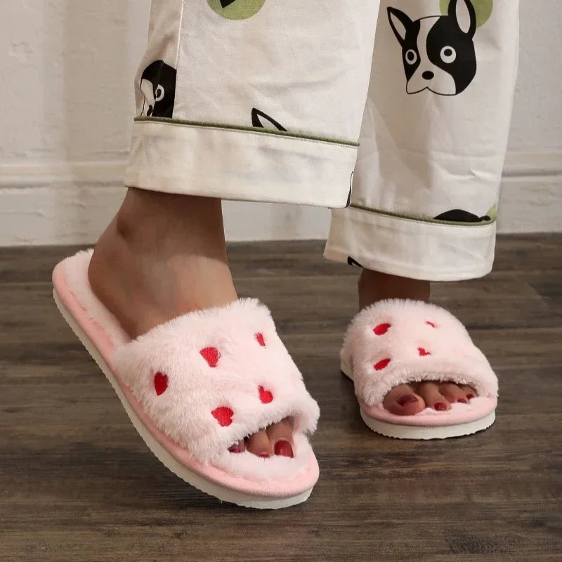 Winter Women Heart Slippers for Home Fur Furry House Slides Men Indoor Floor Soft Sandals Couples Comfortable Cute Flip Flops