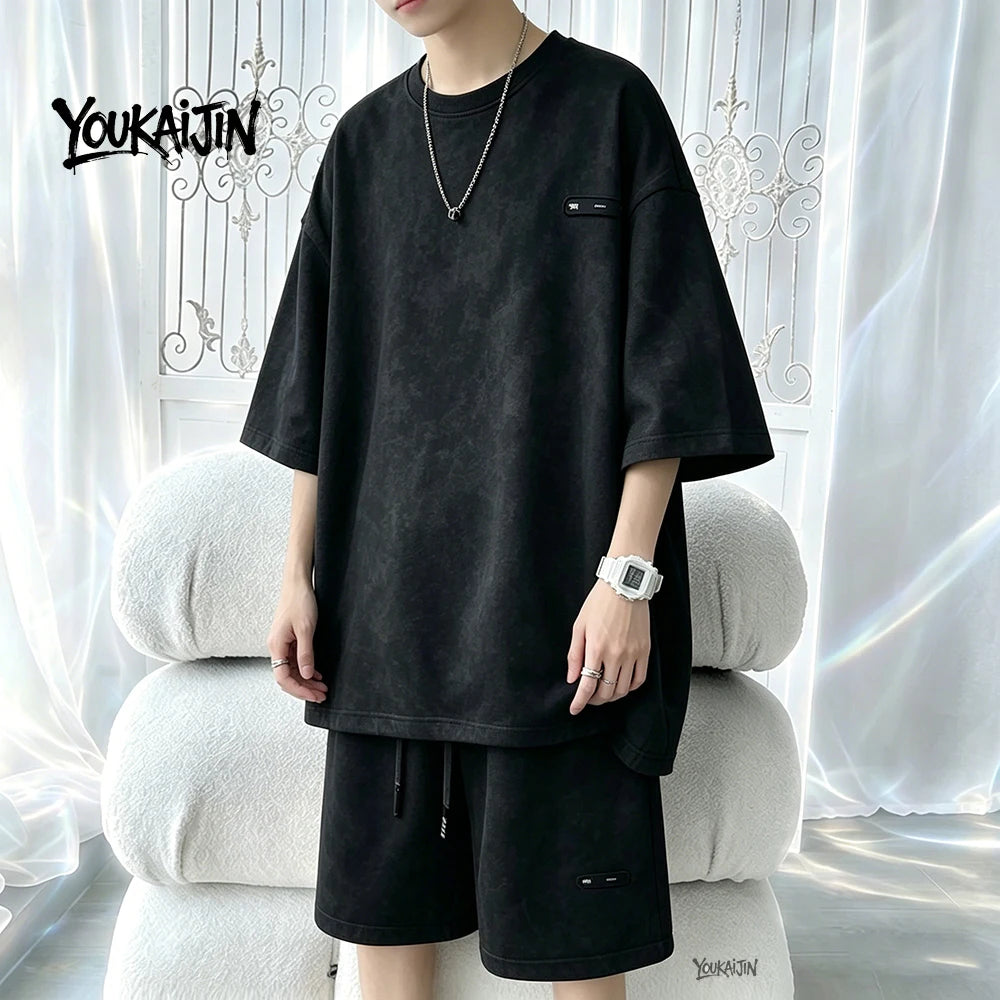 7XL 8XL Tie Dye T Shirt and Shorts Set Men White Casual Streetwear Co Ord Set Men Summer Loose Sportswear 2 Piece Outfit Men