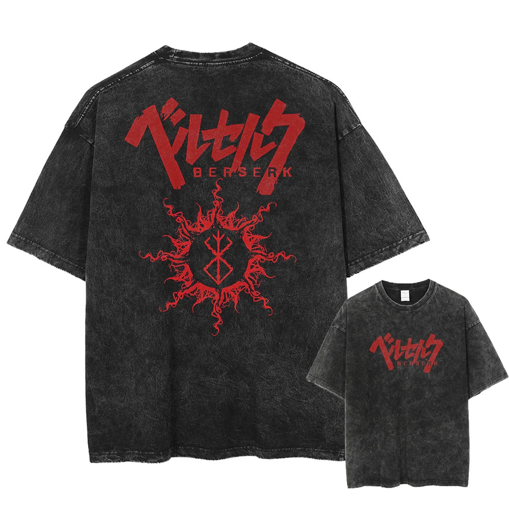 Anime Berserk Guts Printed Washed T-shirt Men Manga Street Tshirts Washed Cotton Harajuku Male Vintage Gothic Tops T Shirt