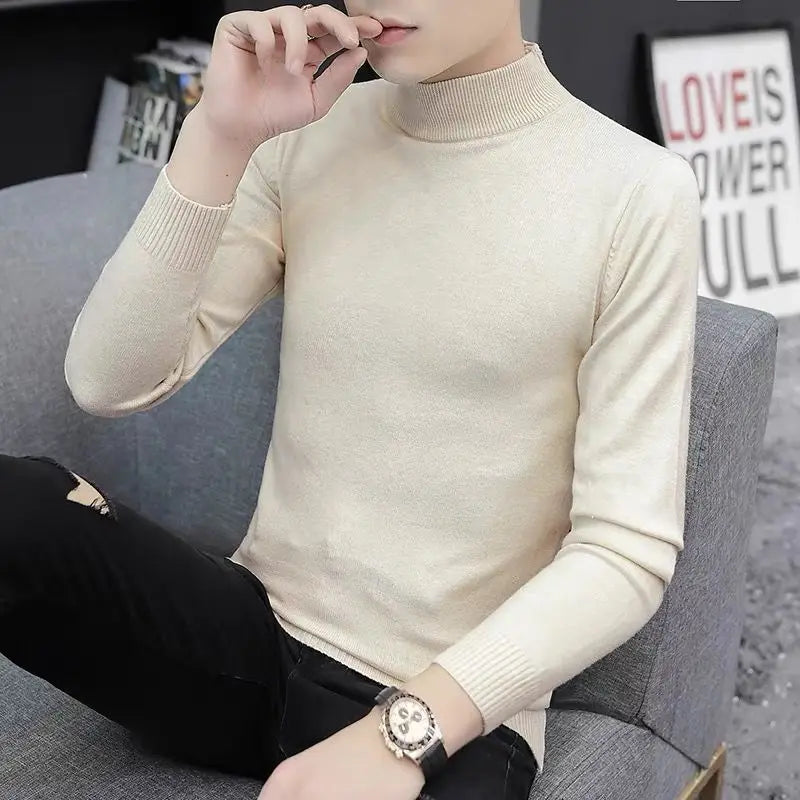 Korean Clothing Blouse Oversize Golf Wear Casual Full Cotton Men's Turtleneck Base Shirt Simple Solid Color Long Sleeve Tops Tee