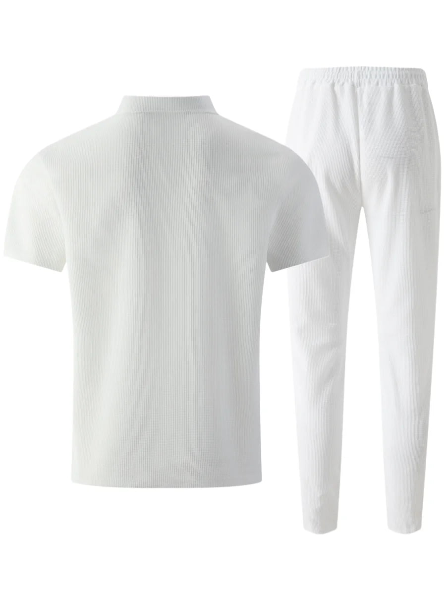 Summer New Men's Waffle Casual Tracksuit, Lapel Collar Double Pocket Solid Polo Shirt and Long Pants Set