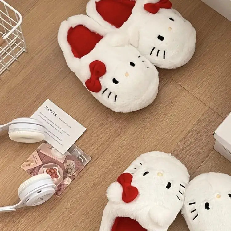Cute Hello Kitty Anime Women Plush Slippers Sanrio Kawaii Cotton Shoes Student Winter Bedroom Soft Shoes Girls Festival Gifts