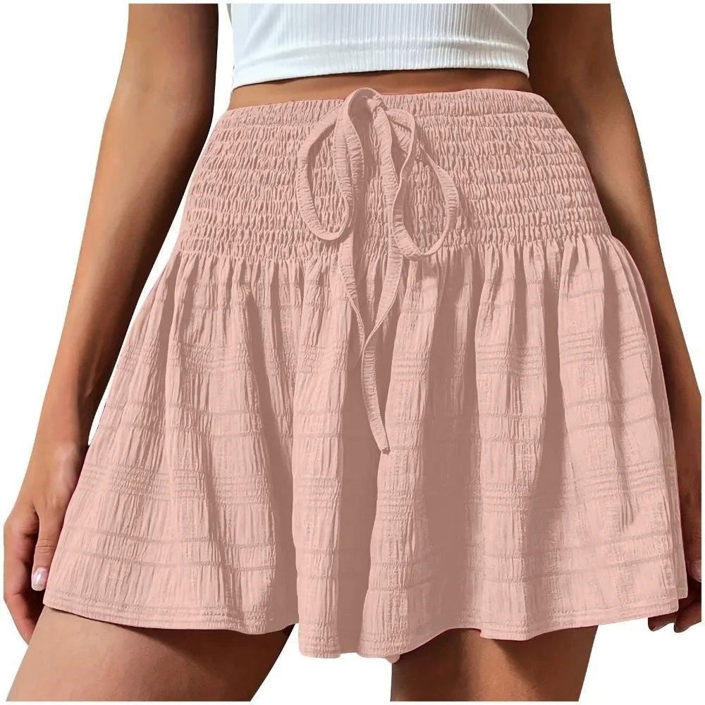 Solid Color Drawstring Women's Short Lace Up Loose Sports Shorts Skirt Summer Pleated Pajama Pants Summer