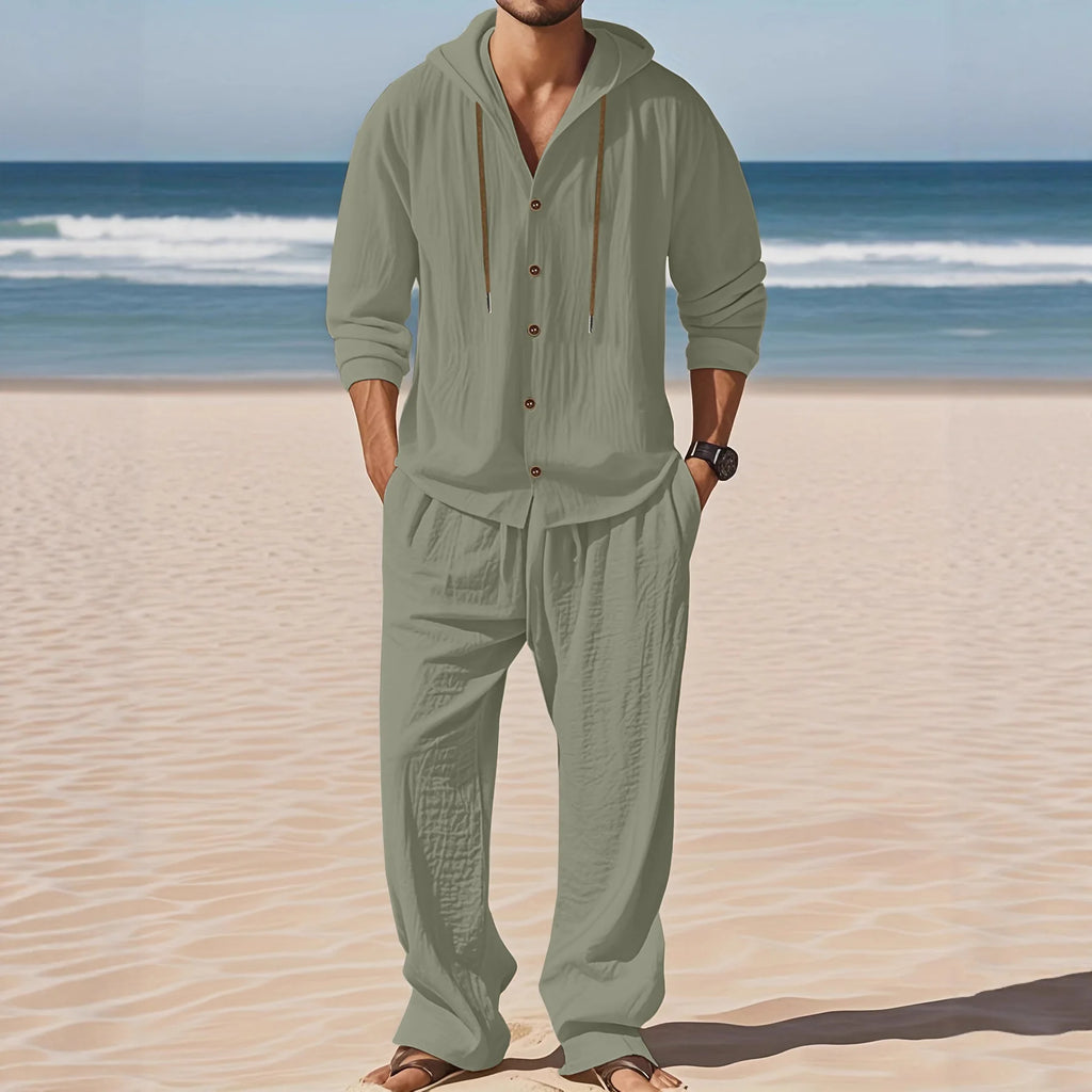 Men's Linen Long-Sleeved Shirt And Pants Set Breathable Outdoor Leisure Hiking Beach Sports Clothing for Spring Summer Autumn