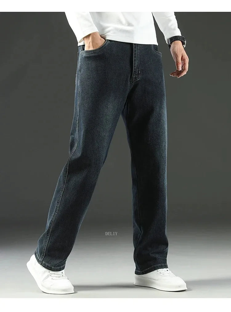 Autumn Winter  Brand New High Waist Jeans Classic Business Casual Office Men's Fashion Stretch Slim Denim Jeans Navy Blue