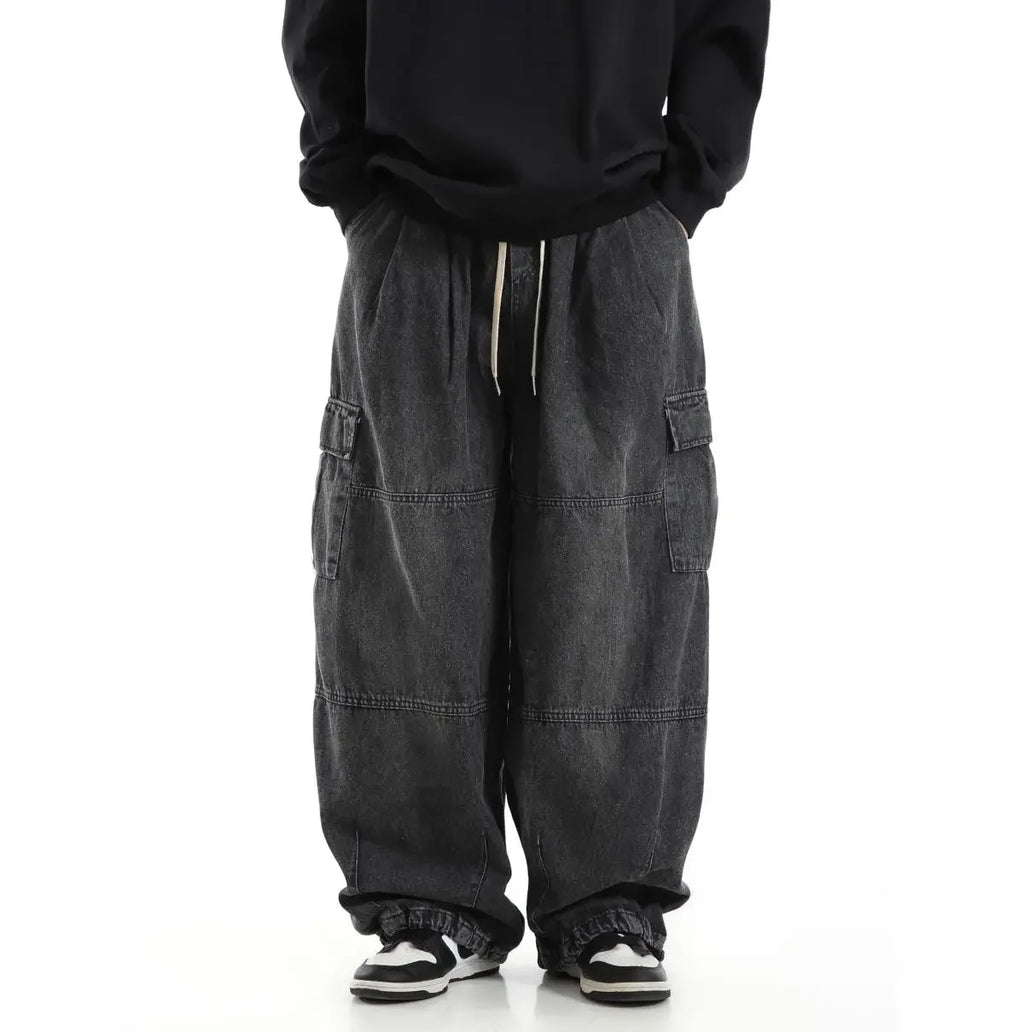 Y2k Black Baggy Cargo Jeans Trousers Men Streetwear Casual Hippie Jogging Wide Leg Oversize Long Male Denim Pants