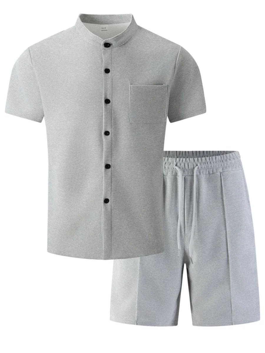 Men's 2 Piece Outfit, Stand Collar Short Sleeve Shirt with Chest Pocket and Drawstring Shorts, Casual Co Ord Set