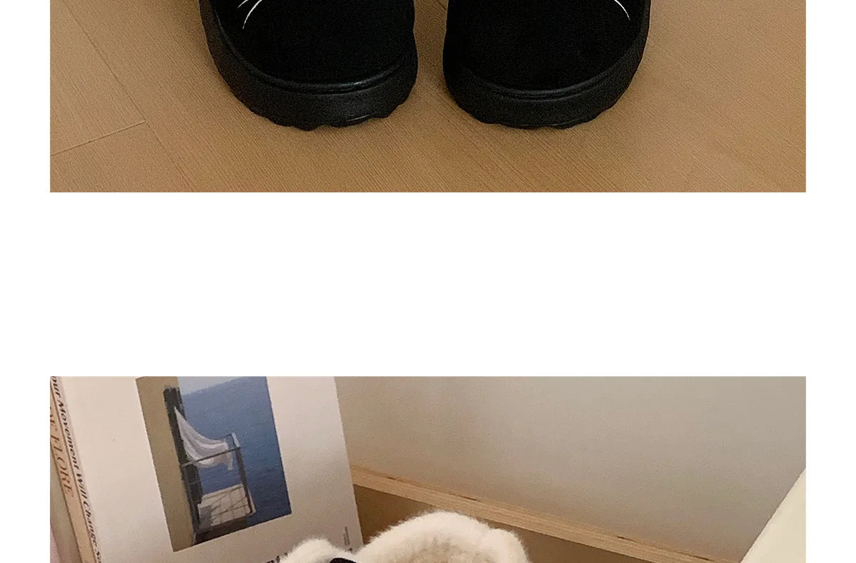 New fuzzy black cat shoes hook loop winter slippers for women indoor mary jane plush shoes mom shallow warm kitty slippers woman