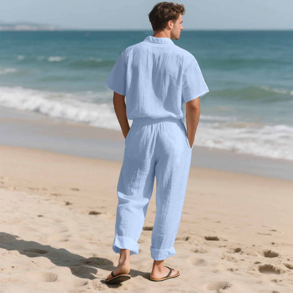 2025 New Arrival Men's Casual Tracksuit Linen Shirt and Pants Set Breathable Summer Outfits for Beach and Daily Wear