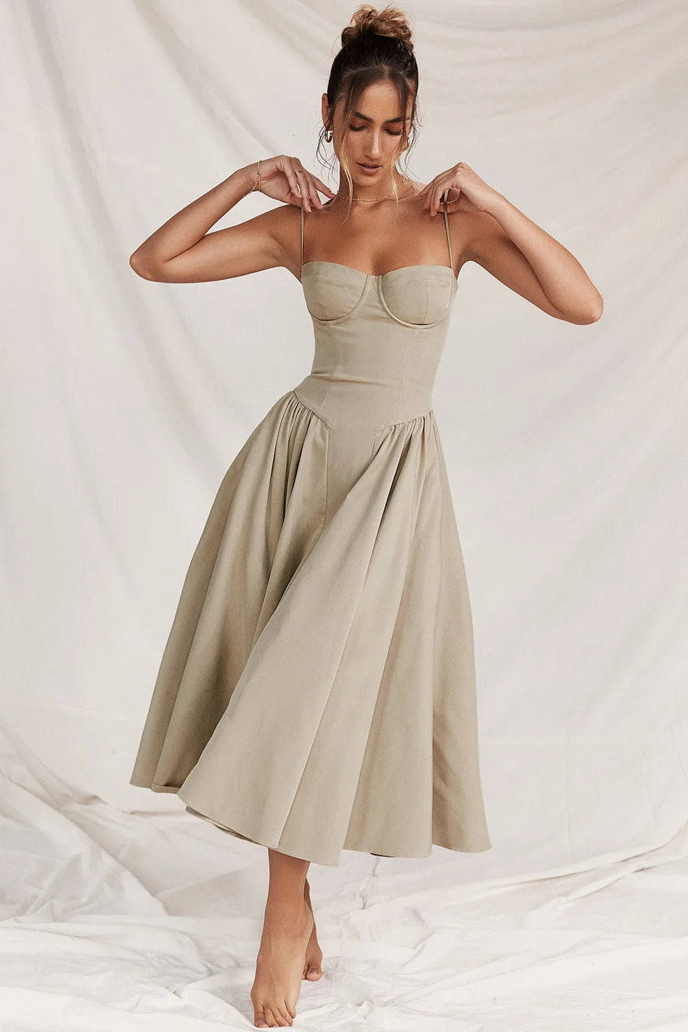 Vintage Floral Midi Dress Women's High Waist A-Line Sundress Green Dresses Summer Female 2025 Wedding Guest New White Evening
