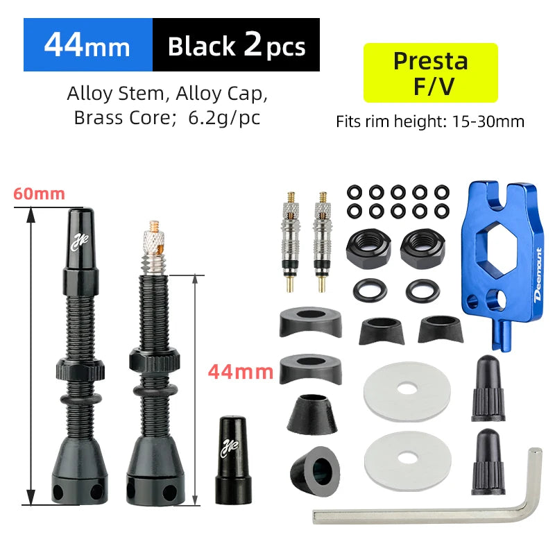 Deemount Bicycle Tubeless Carbon Rim Presta Valves 44/60/80mm F/V Brass Core CNC Machined Anodized W/Tool