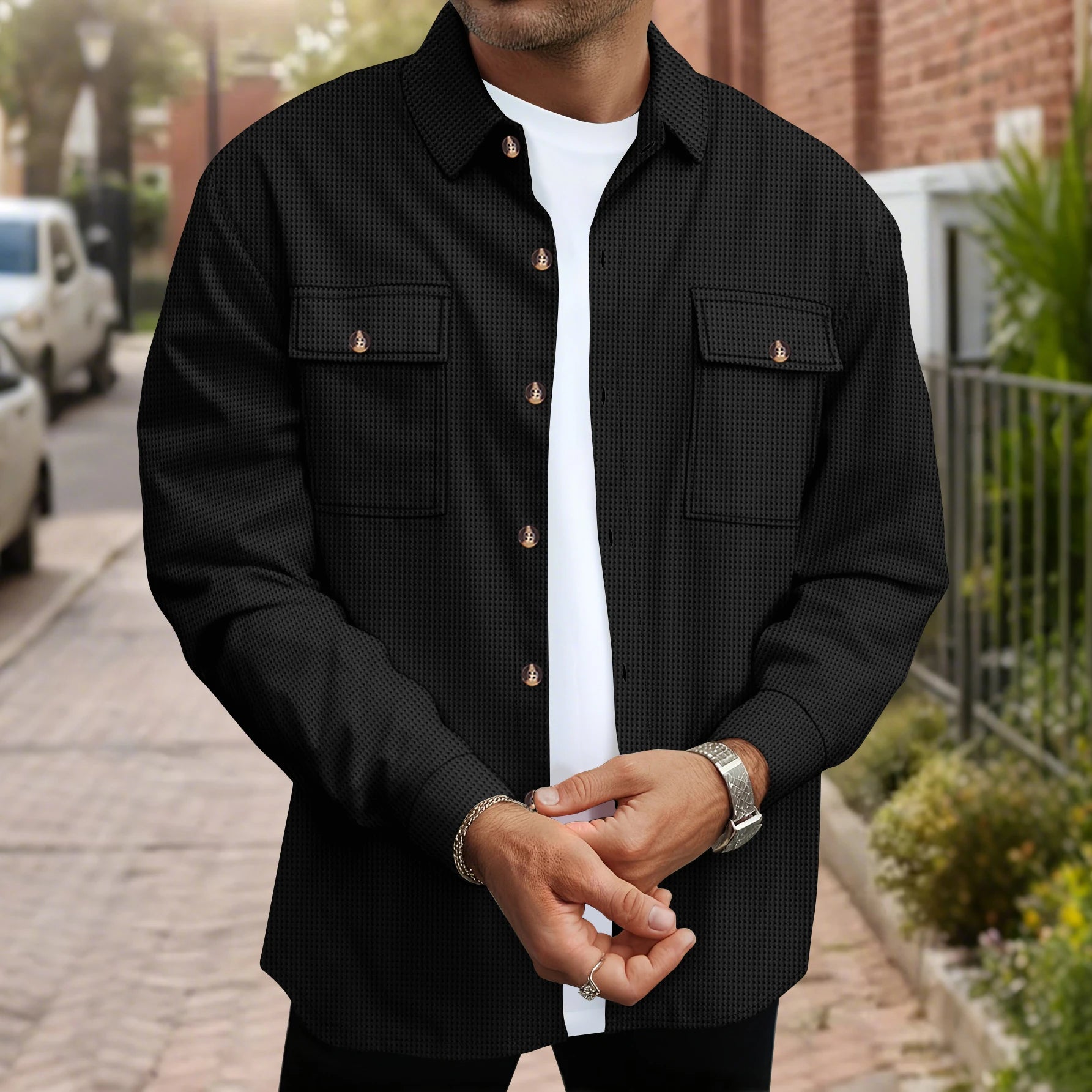 Men's Waffle Knit Button Down Shirt - Casual Long Sleeve Turn Down Collar Chest Pocket Work Shirt