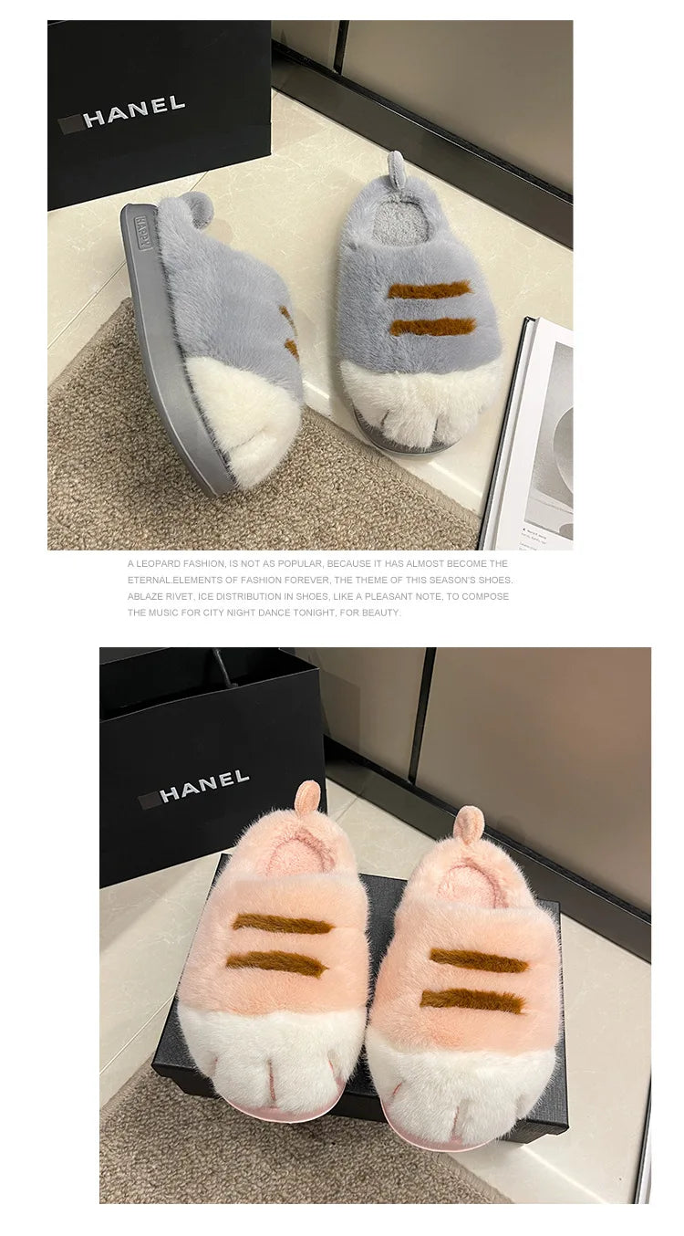 Newest cat paw feet slippers woman fluffy closed heel home shoes for women winter warm slip on animal claw slipper furry loafer