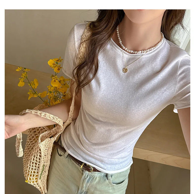 Solid Color Slim Fit Short Sleeve T Shirt for Women Summer New Cotton Blended Basic Tees Woman Thin Breathable Crew Neck T-shirt