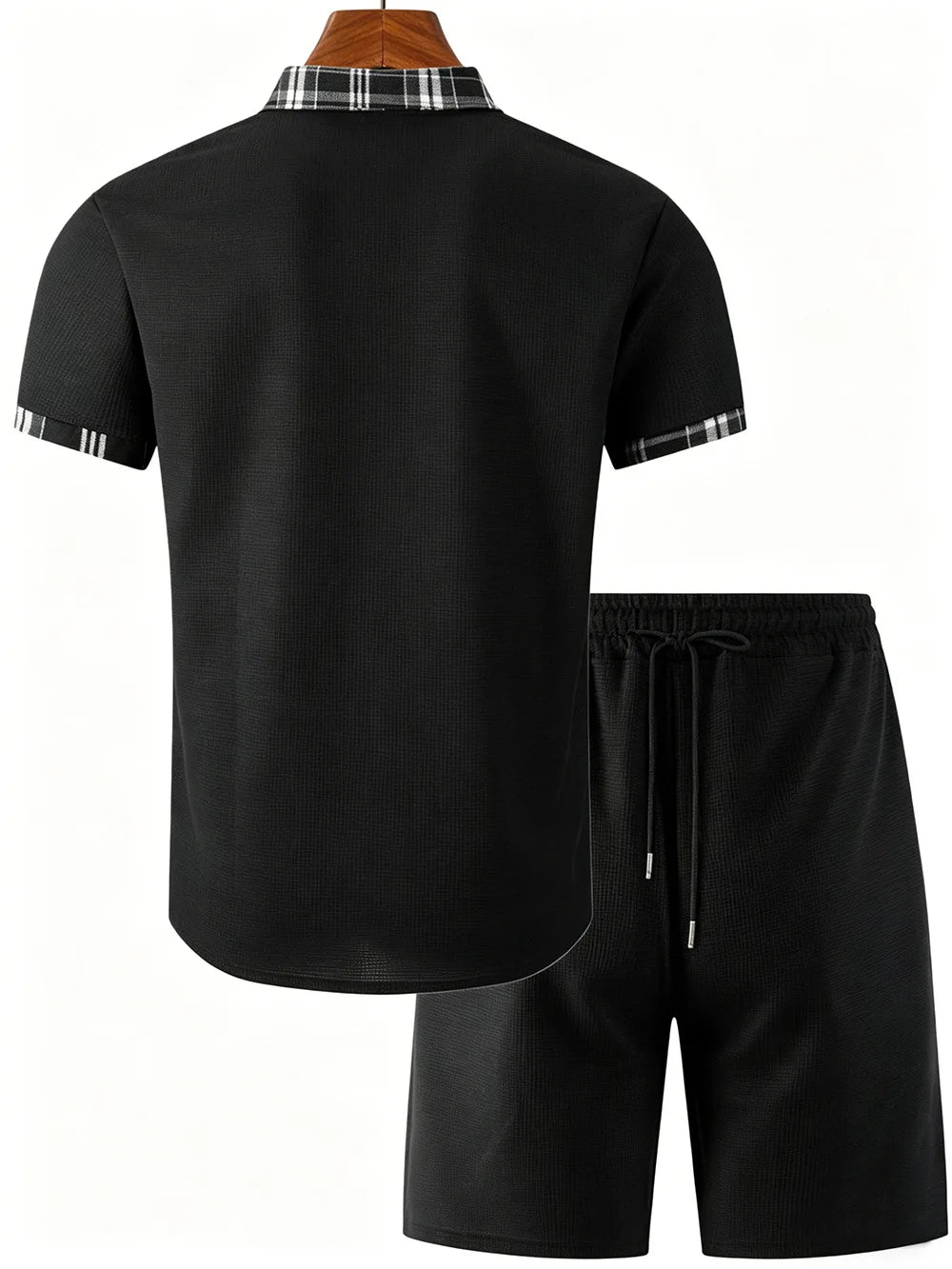 Summer New Waffle Set, Men's Plaid Spliced Short-Sleeve Shirt & Shorts, Casual Two-Piece Outfit F156D