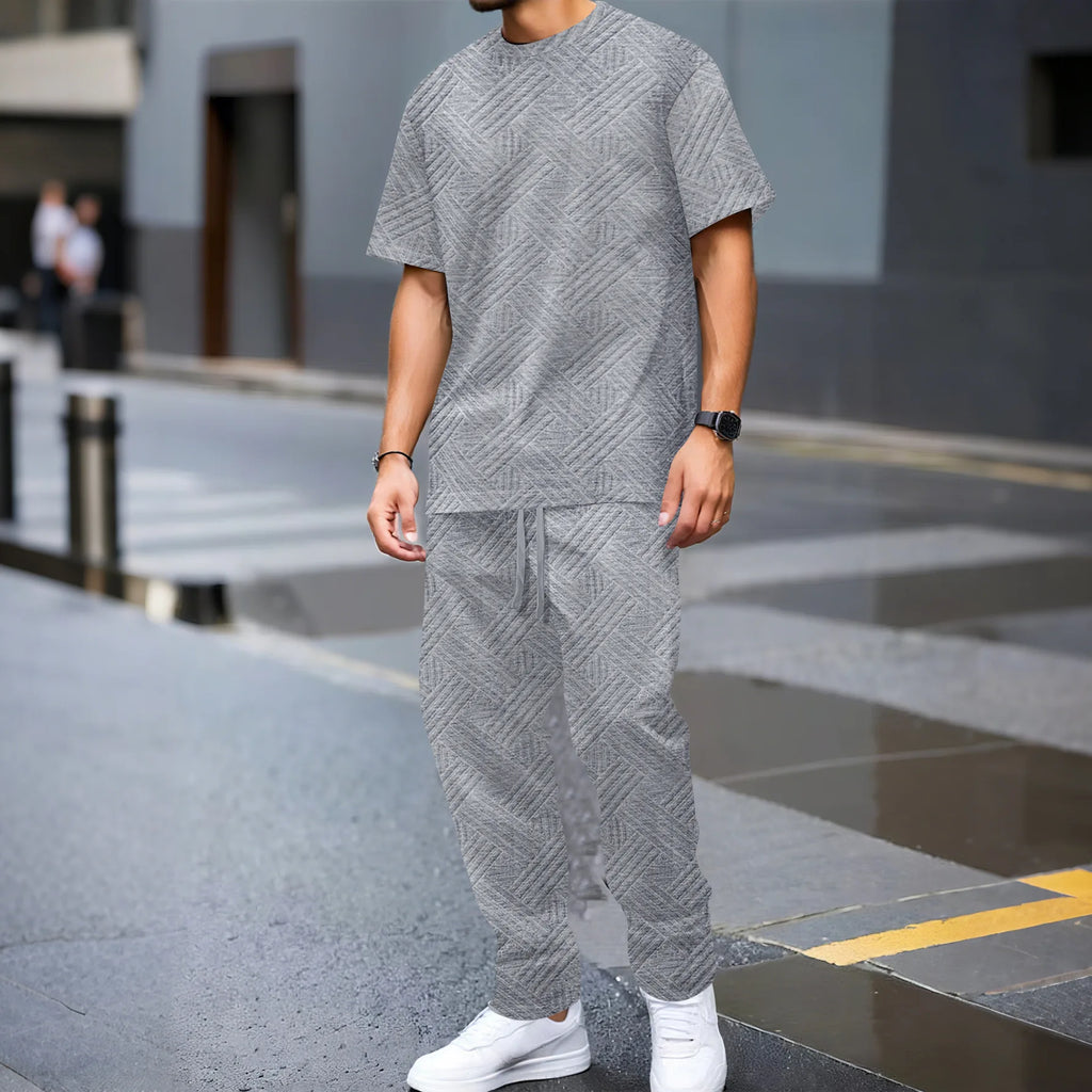 Men's Summer Jacquard Knit Two-Piece Set Casual Crew Neck T-Shirt and Pants Street Retro Solid Color Outfit
