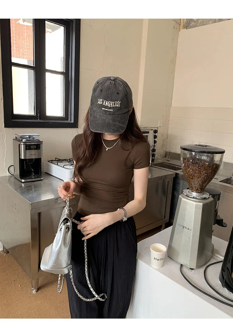 American style spicy girl shoulder T-shirt for women in summer 2025, tight fitting and slimming short top, basic elastic short s