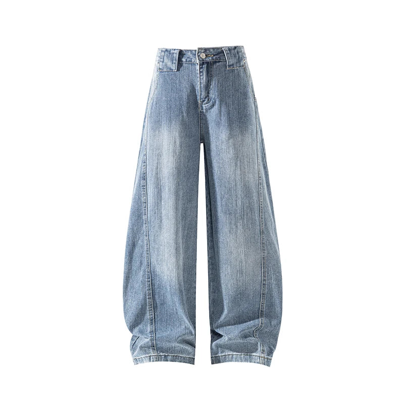 Retro Distressed Wide Leg Curved Jeans Men Y2K Hip Hop Baggy Denim Pants Streetwear Casual Trousers