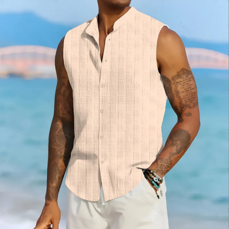 Summer New Men's Chinese style solid color casual jacquard cardigan comfortable breathable stand-up collar sleeveless shirt