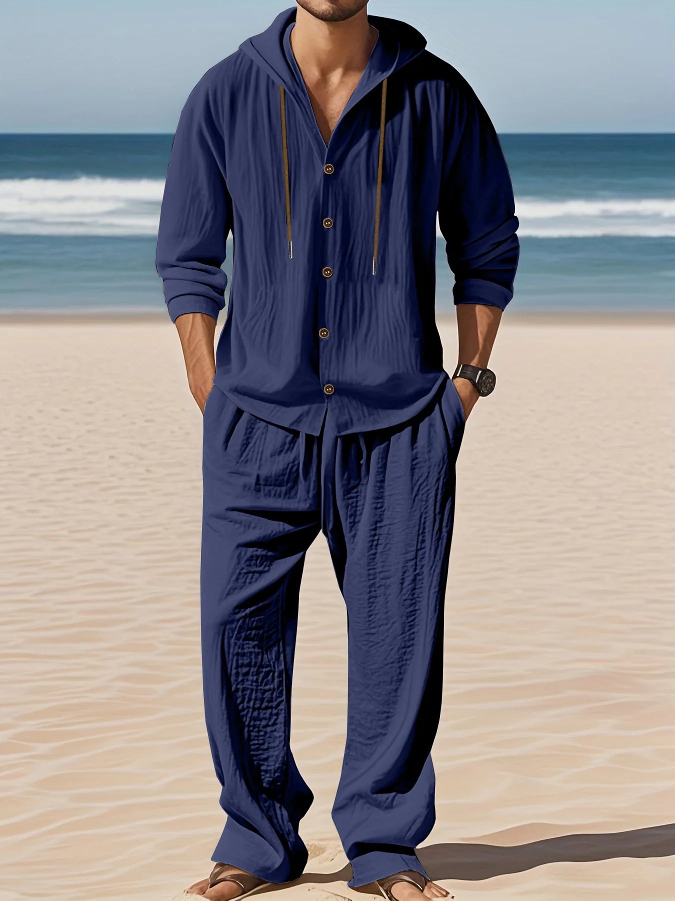 Men's Linen Long-Sleeved Shirt And Pants Set Breathable Outdoor Leisure Hiking Beach Sports Clothing for Spring Summer Autumn