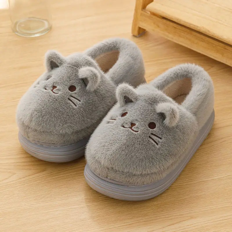 New fuzzy black cat shoes hook loop winter slippers for women indoor mary jane plush shoes mom shallow warm kitty slippers woman