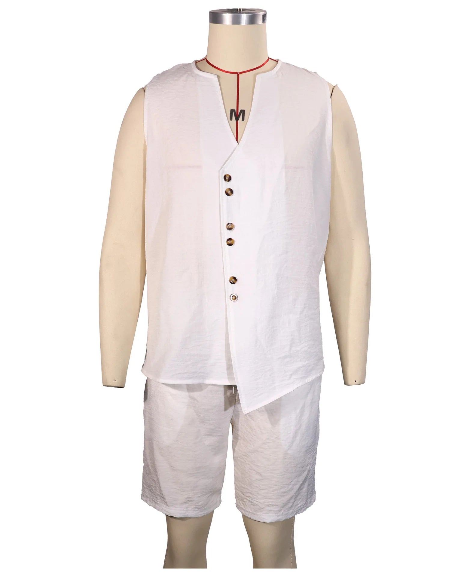 Summer Men's Solid Color Simple Fashionable Open-Back Sweater Set for Casual Wear - Sleeveless Linen Blouse, Shorts, Beach Set