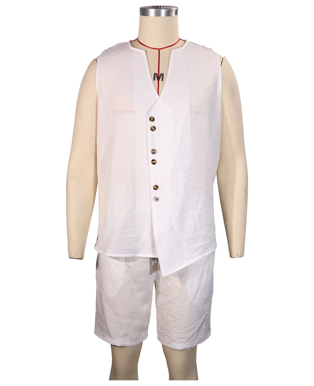 Summer Men's Solid Color Simple Fashionable Open-Back Sweater Set for Casual Wear - Sleeveless Linen Blouse, Shorts, Beach Set