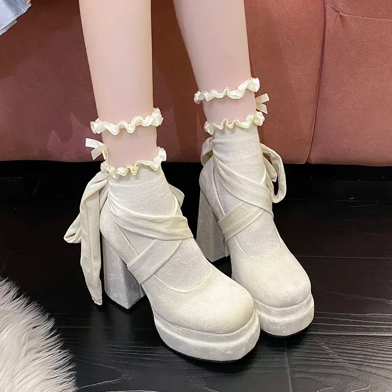 Platform Mary Janes Shoes Women Suede Luxury High Heel Lace Up Trend Lolita Shoes Elegant Chunky Party Pumps Sandalias Muje