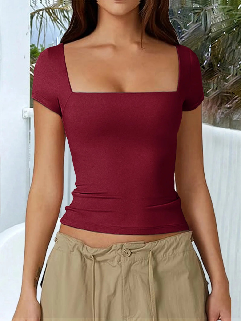 New Arrival Hot Seller 2024 Spring/Summer T-Shirt Women's Casual Square Neck Solid Color Slim-Fit Crop Top Short Sleeve