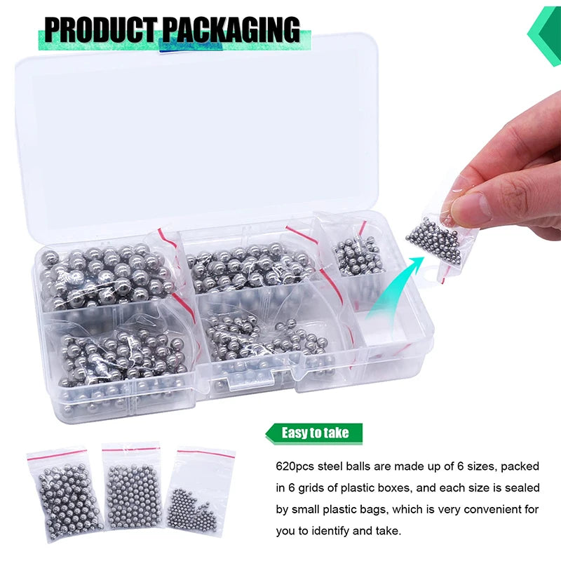620PCS 6 Size Bicycle Bearing Balls Precision Steel Balls carbon steel Assorted Loose Kit 1/4 7/32 3/16 5/32 1/8 3/32
