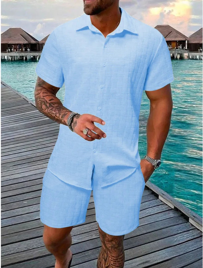 Summer Solid color Cotton linen Men's Shirt Set Fashion lapel Jacquard Short-sleeved Shirt Shorts 2 Piece Set Men's Shorts Suit