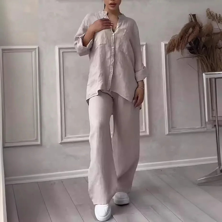 Spring Autumn Cotton Linen Long Sleeved shirt + Long Pants Two-piece Set Women Casual V-neck Shirt Drawstring Wide leg Pant Suit