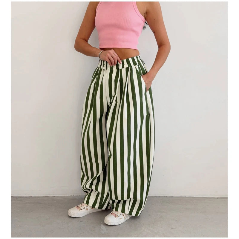 Red White Striped Balloon Pants Women's Elastic Waist Wide Leg Baggy Casual Trouser 2026 Summer New Streetwear Loose Fit Pants